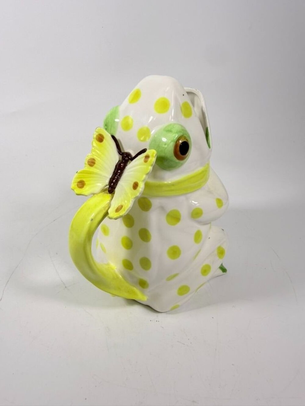 Frog Pitcher Vase Seymour Mann Hand Painted Ceramic Yellow Green Polka Dots Butt - Picture 6 of 16